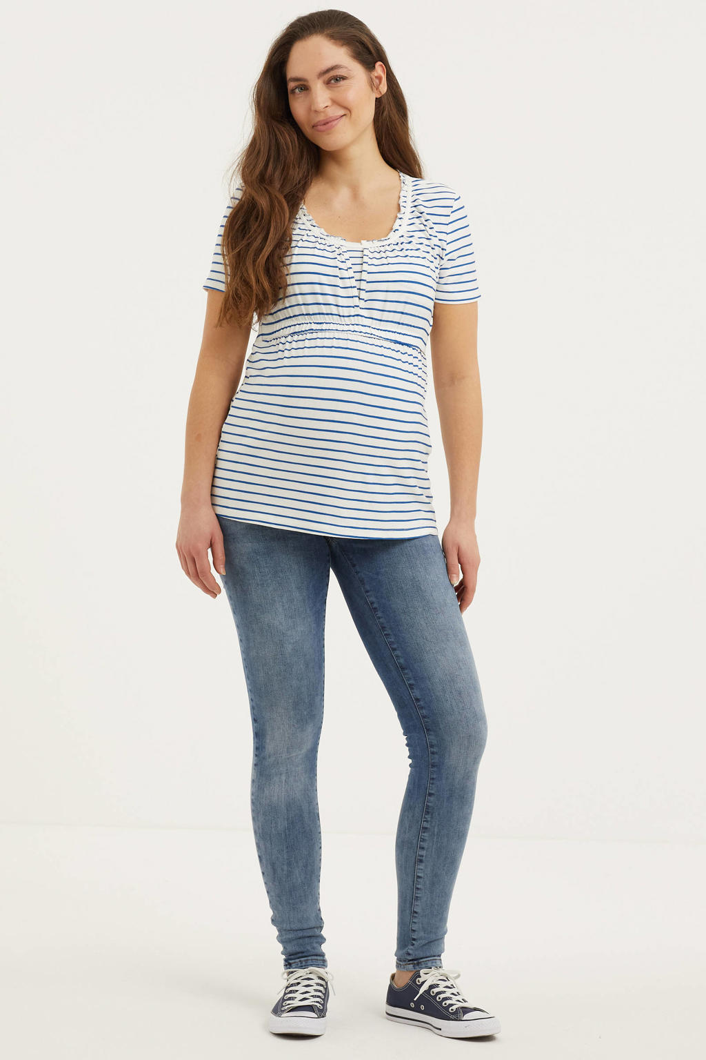Light blue denim dames LOVE2WAIT low waist skinny zwangerschapsjeans van katoen met rits- en knoopsluiting en effen