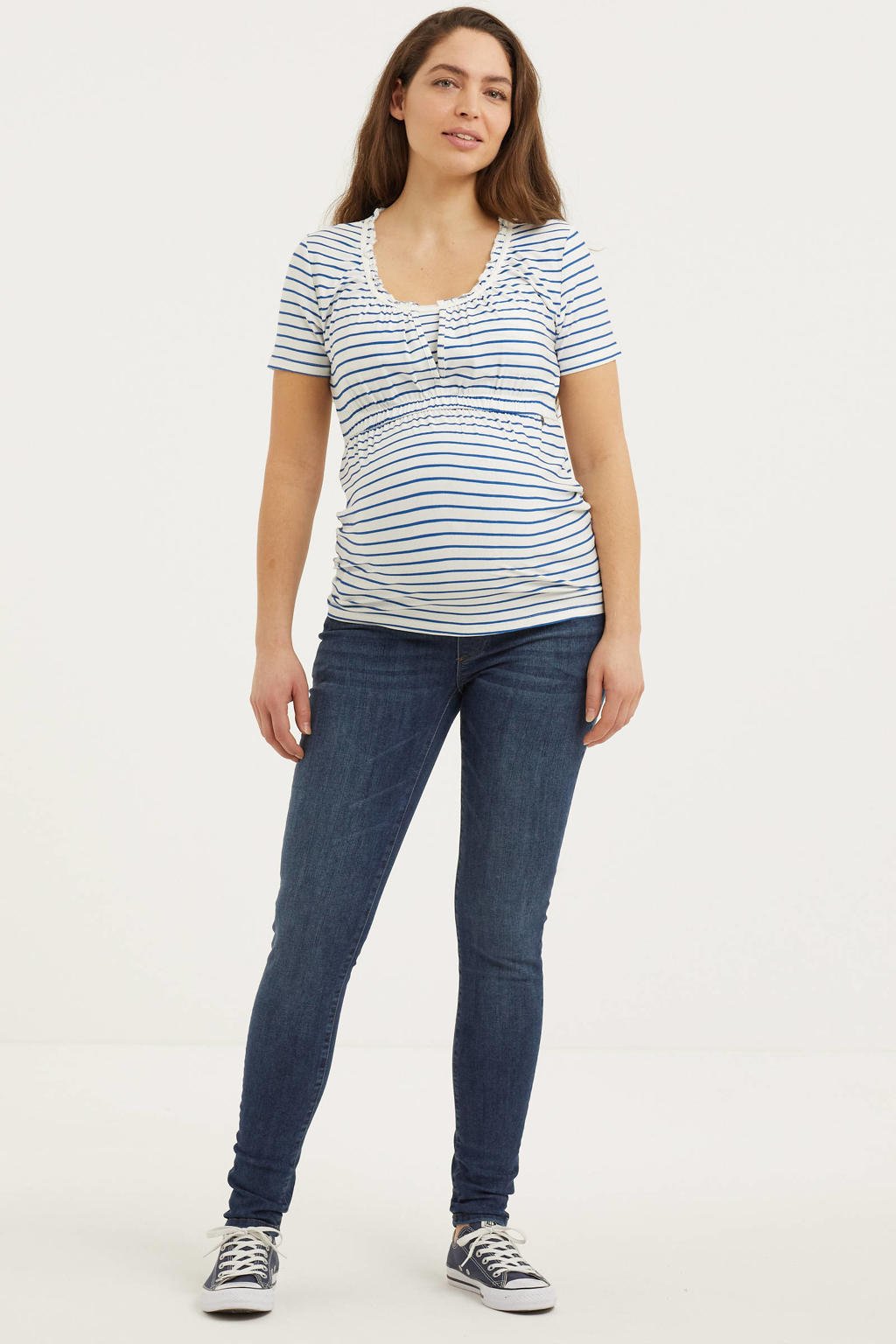 Stonewashed dames LOVE2WAIT low waist skinny zwangerschapsjeans van katoen met rits- en knoopsluiting en effen