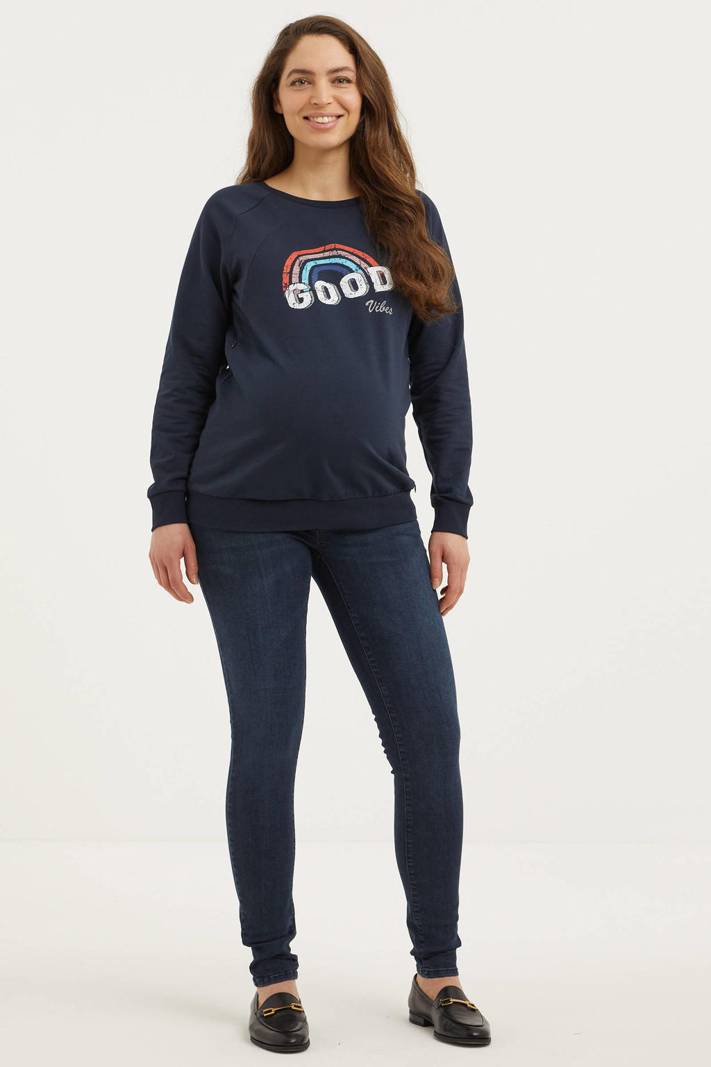 Zwarte dames LOVE2WAIT low waist super skinny zwangerschapsjeans van katoen met rits- en knoopsluiting en effen