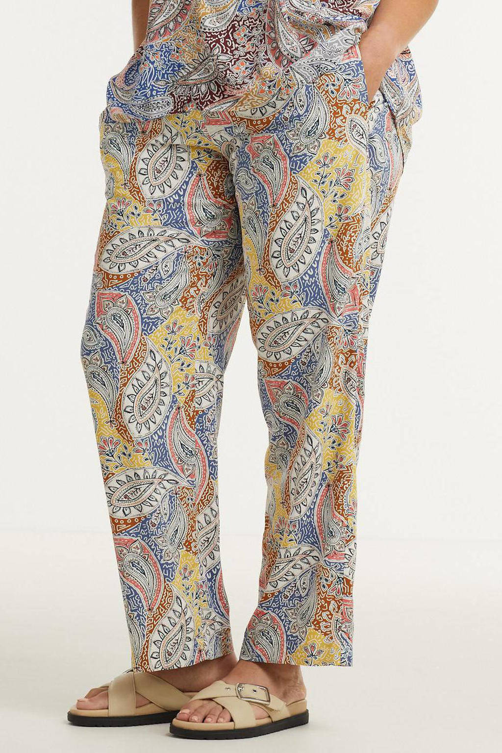 ESPRIT Curvy straight fit pantalon met paisleyprint geel/blauw/rood, Geel/blauw/rood