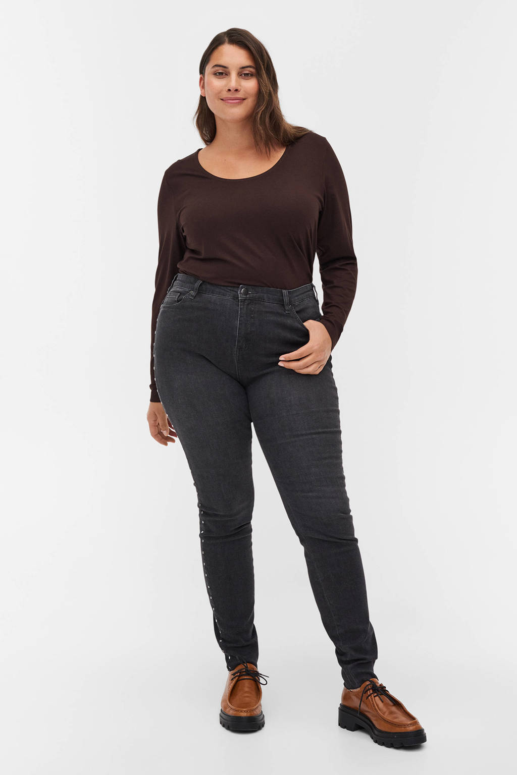 Antraciete dames Zizzi high waist skinny jeans van stretchdenim met rits- en knoopsluiting