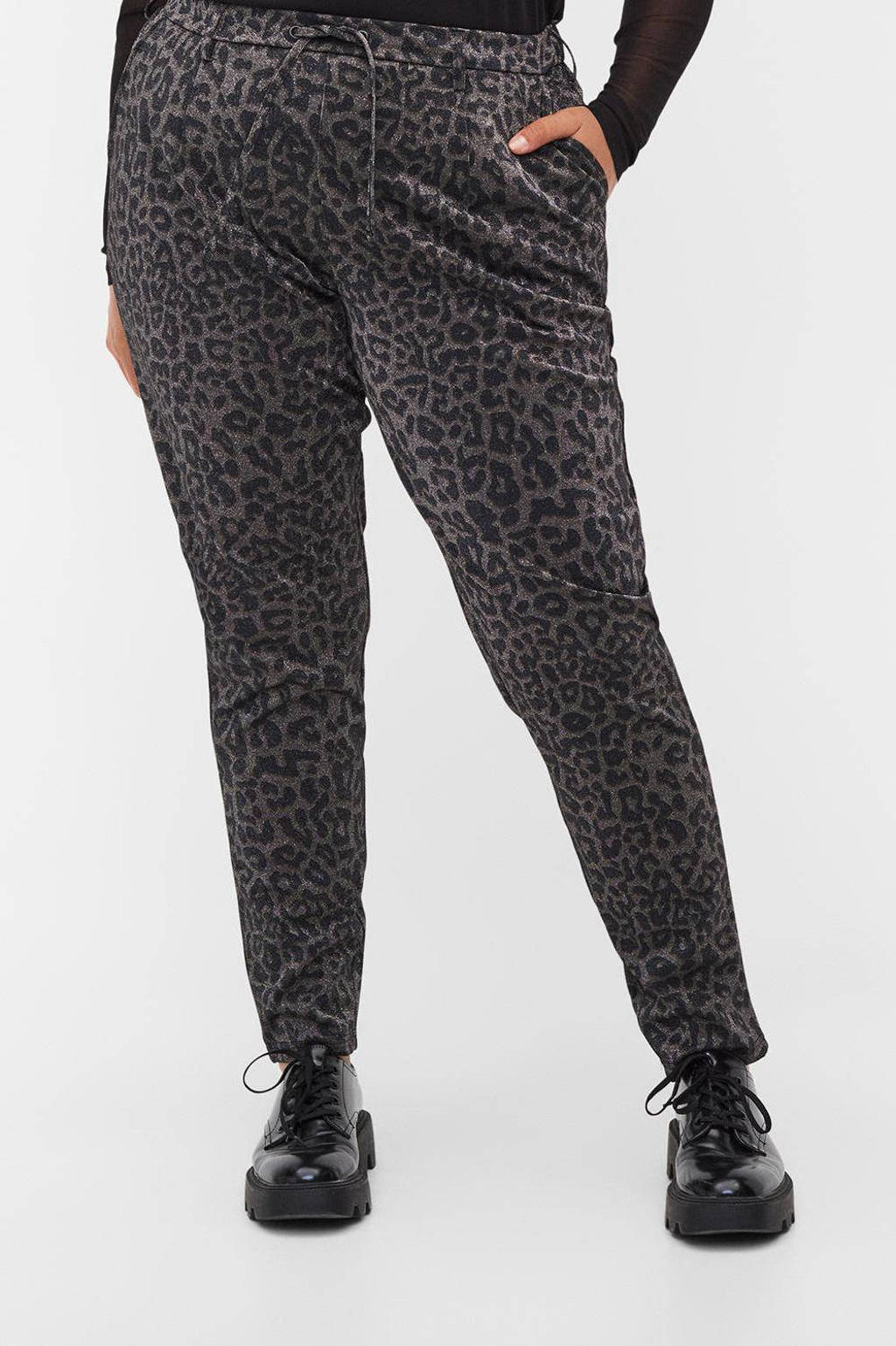 Olijfgroen, bruin en zwarte dames Zizzi high waist slim fit broek van polyester met elastische tailleband met koord en panterprint