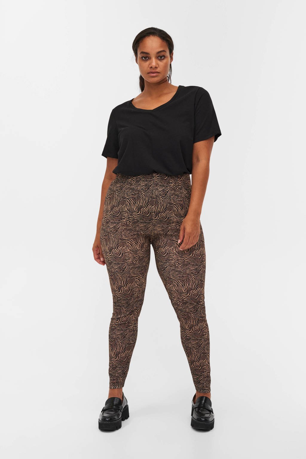 Lichtbruin en zwarte dames Zizzi high waist skinny legging van polyester met elastische tailleband en dierenprint
