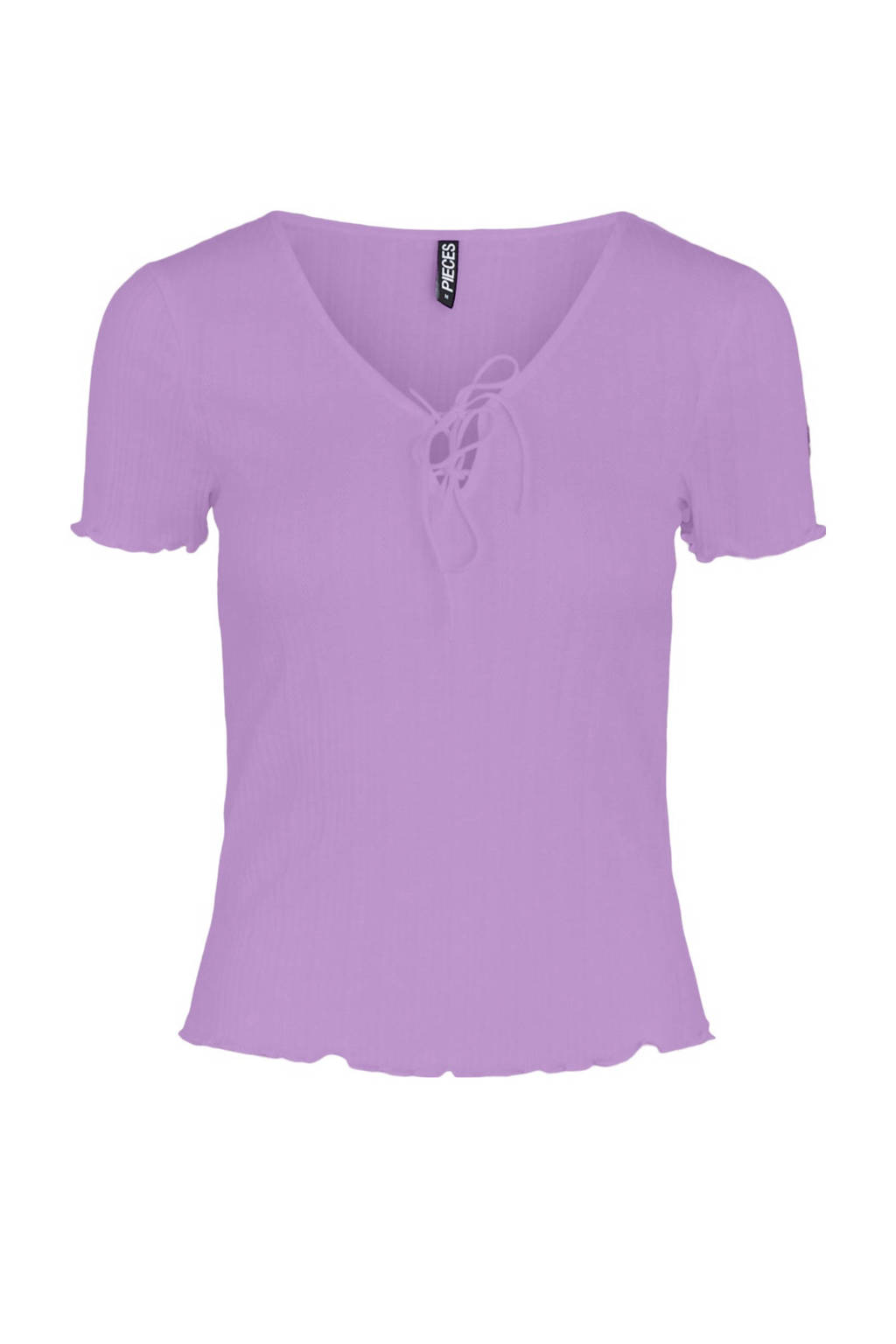 Paarse dames PIECES top van polyester met korte mouwen, V-hals en striksluiting