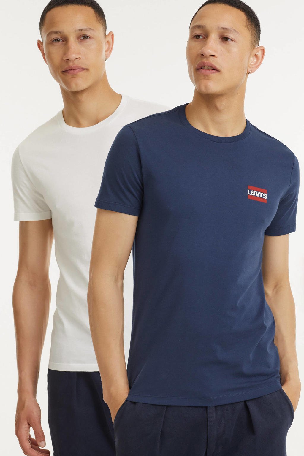Set van 2 wit en donkerblauwe heren Levi's T-shirt van katoen met logo dessin, korte mouwen en ronde hals