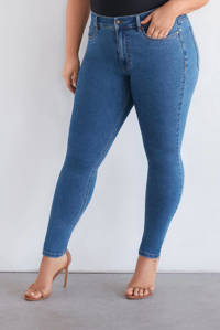 Donkerblauwe dames Fox Factor high waist skinny jeans van stretchdenim met rits- en knoopsluiting