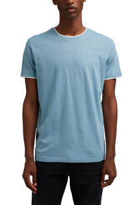 Lichtblauwe heren ESPRIT Men Casual gemêleerd T-shirt van duurzaam katoen met korte mouwen, ronde hals en contrast bies