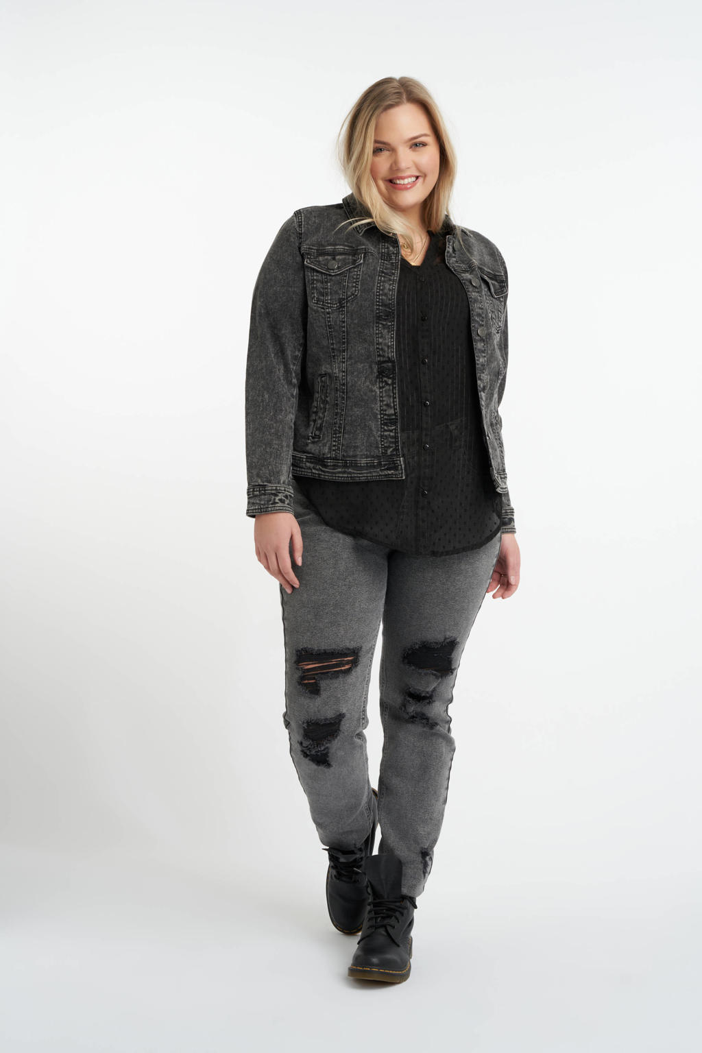 Zwarte dames MS Mode spijkerjasje van stretchdenim met vintage look, lange mouwen, klassieke kraag en knoopsluiting