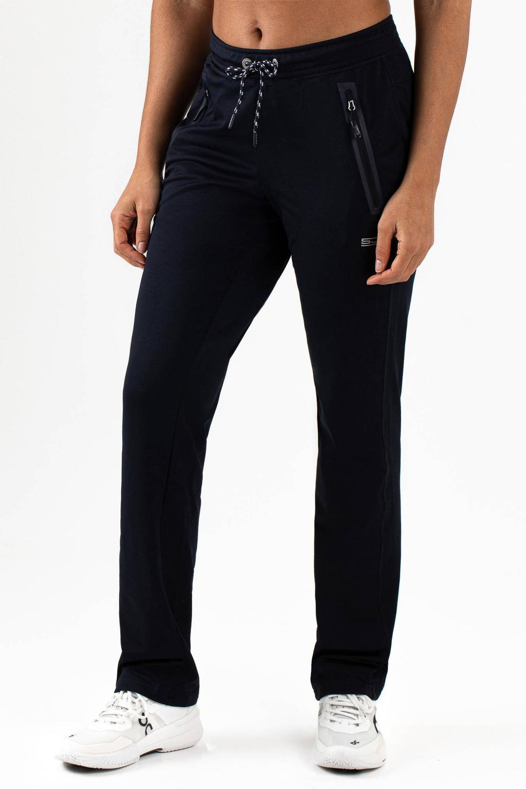 Donkerblauwe dames Sjeng Sports trainingsbroek Montez van polyester met regular fit, regular waist en logo dessin