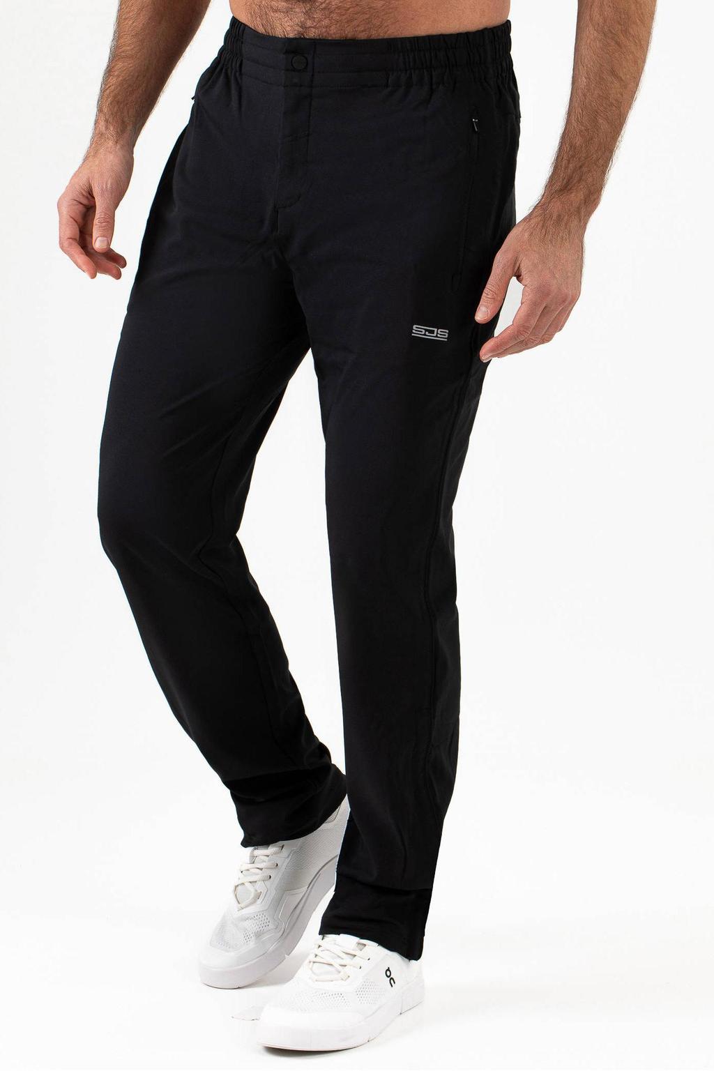 Zwarte heren Sjeng Sports trainingsbroek James van polyester met regular fit, rits- en knoopsluiting en logo dessin