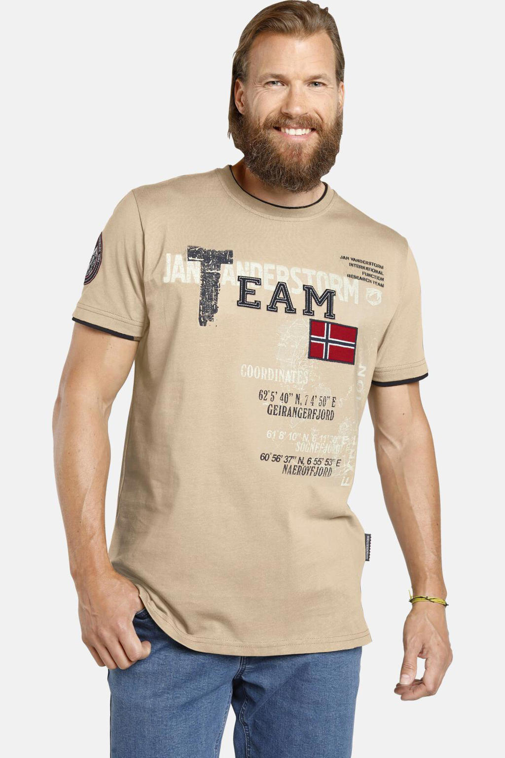 Beige heren Jan Vanderstorm T-shirt Plus Size van katoen met korte mouwen en ronde hals