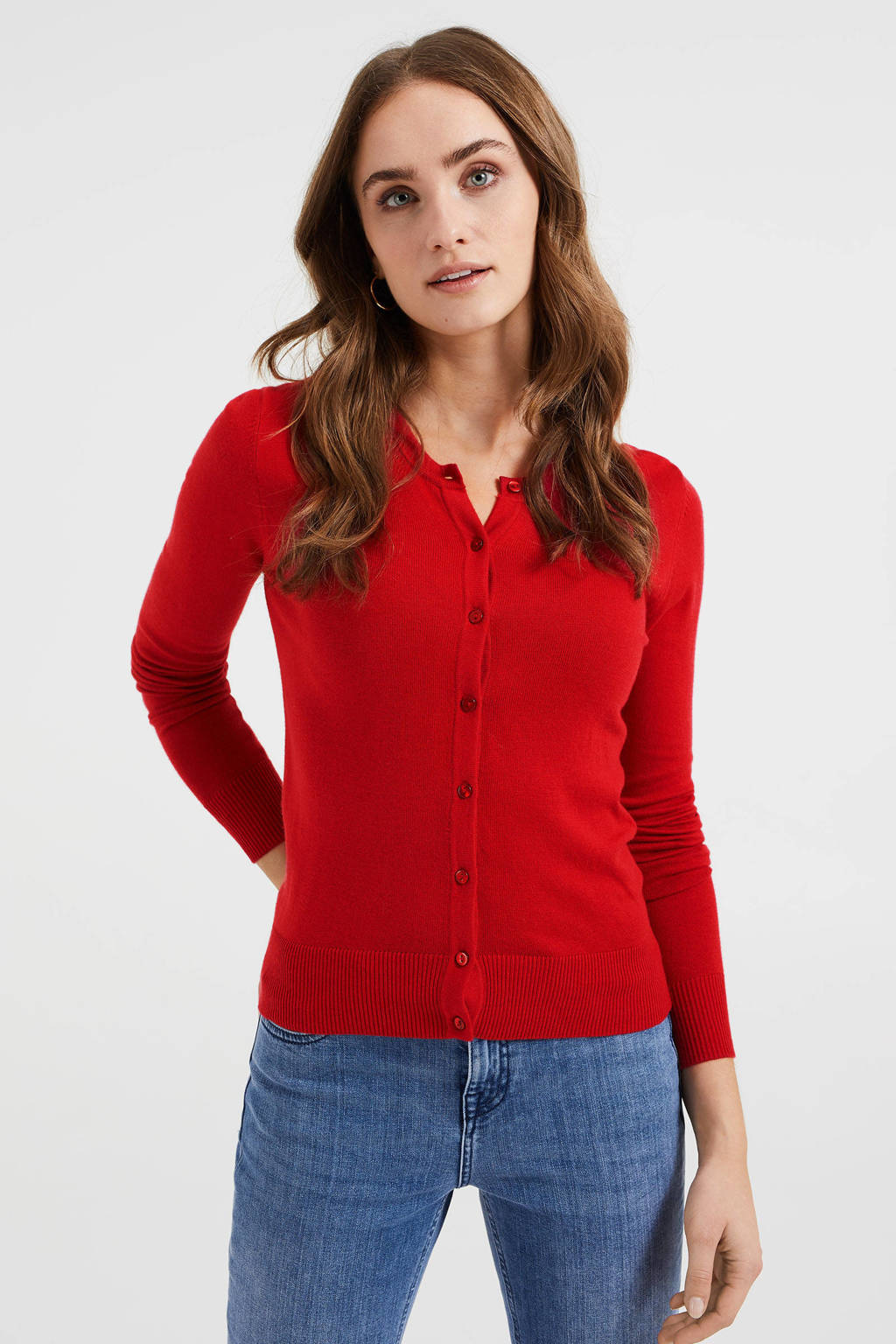 Rode dames WE Fashion fijngebreid vest van polyamide met lange mouwen, ronde hals en knoopsluiting