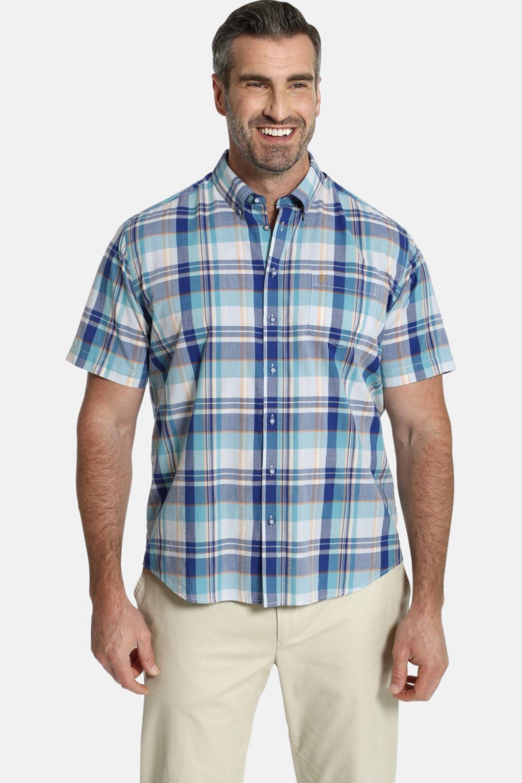 Blauwe heren Charles Colby geruit oversized overhemd Plus Size van katoen met korte mouwen en button down sluiting