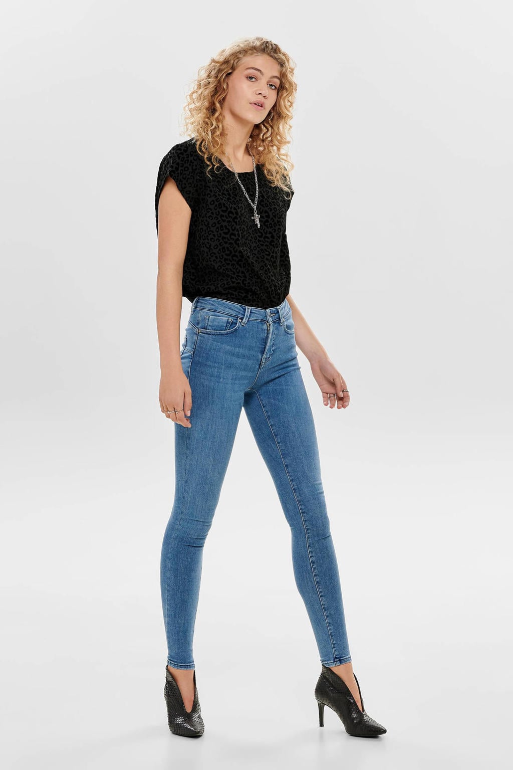 Lichtblauwe dames ONLY push-up skinny jeans van stretchdenim met regular waist, rits- en knoopsluiting en effen