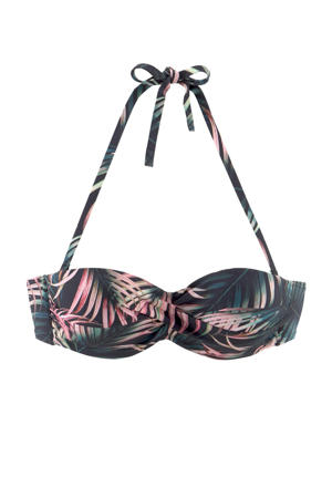strapless bandeau bikinitop met all over print zwart/roze