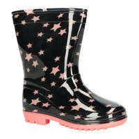 Zwart en roze meisjes XQ regenlaarzen van rubber met profielzool en sterrenprint