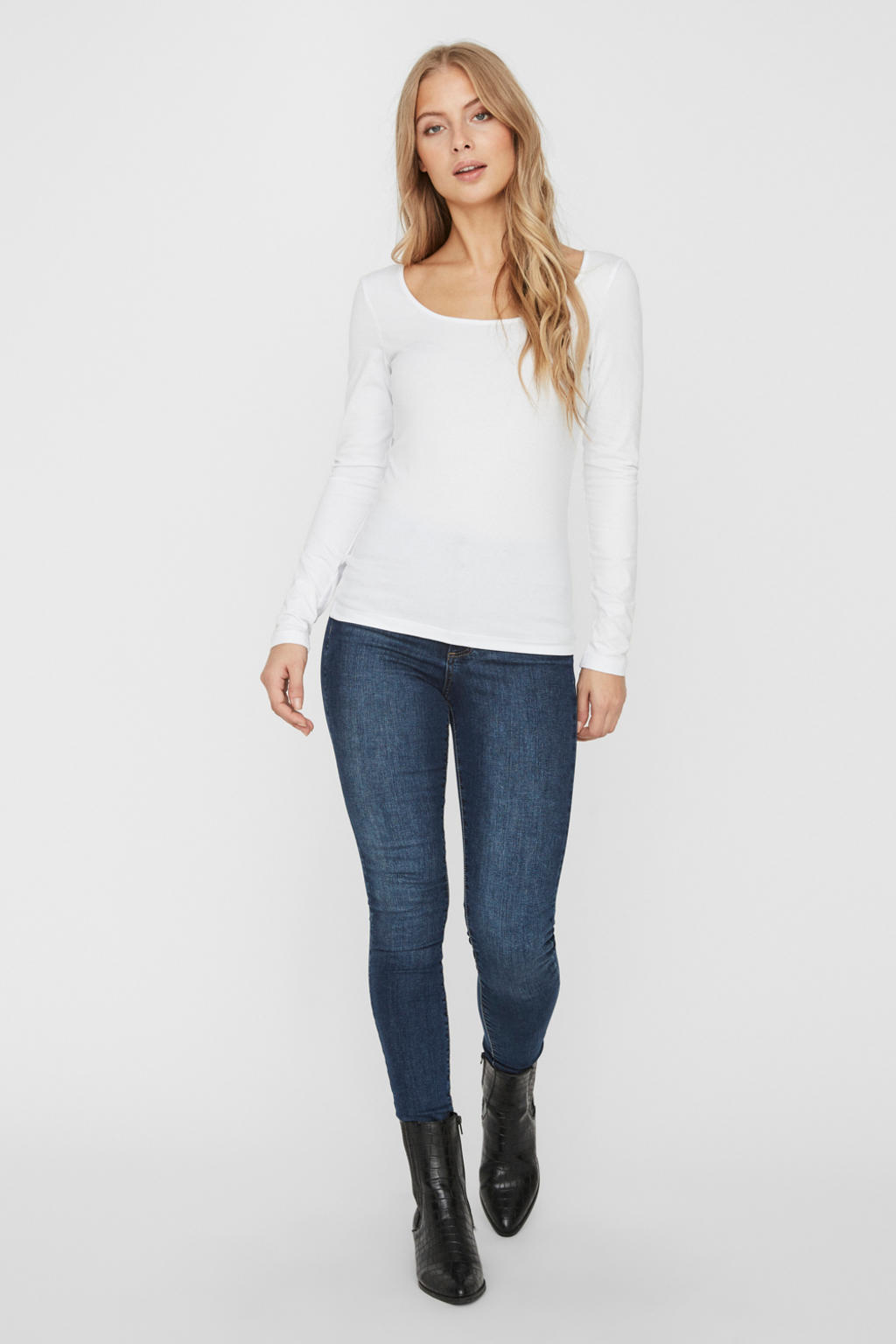 Witte dames VERO MODA longsleeve katoen met lange mouwen en boothals