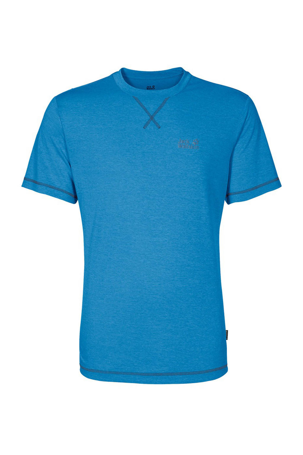 Blauwe heren Jack Wolfskin outdoor T-shirt van polyester met korte mouwen