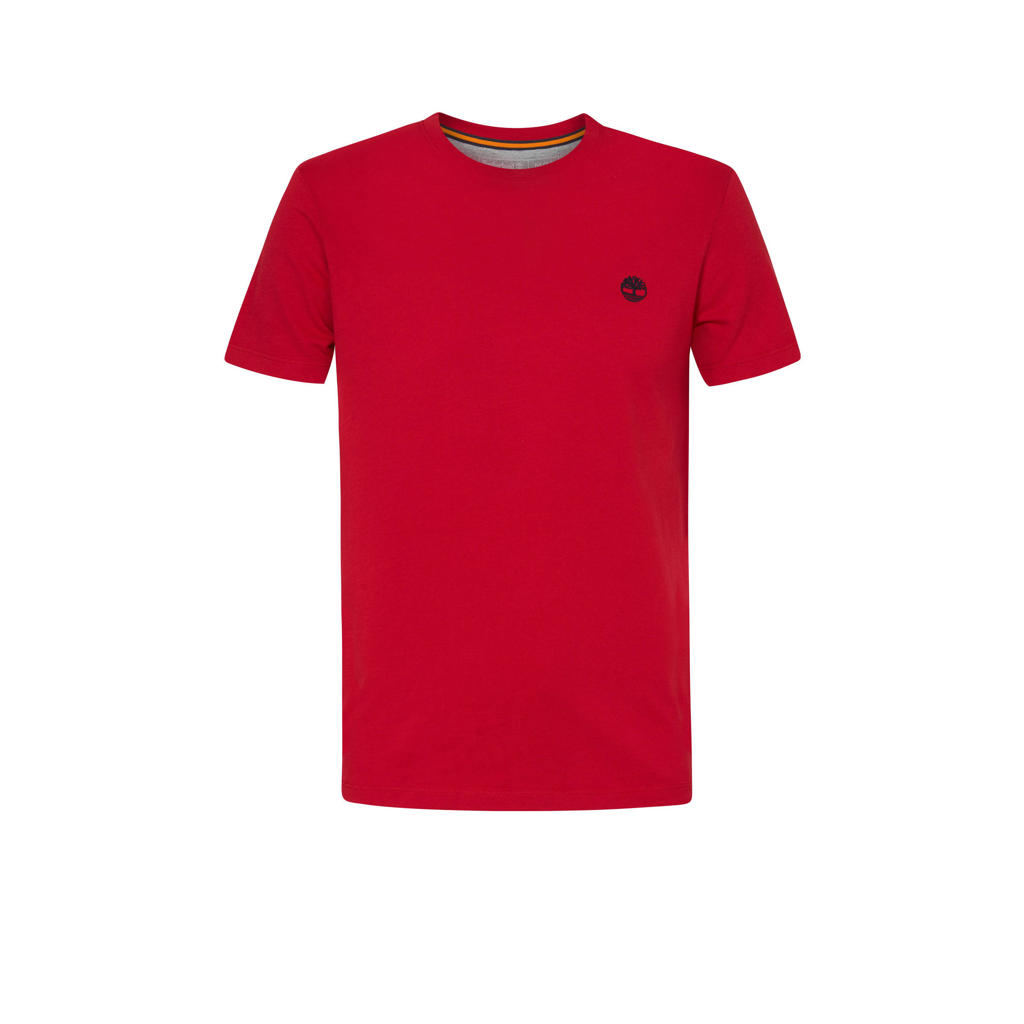 Rode heren Timberland T-shirt van biologisch katoen met logo dessin, korte mouwen en ronde hals