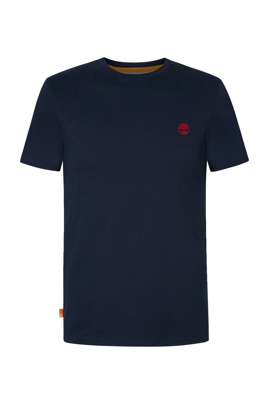 Donkerblauwe heren Timberland T-shirt van biologisch katoen met logo dessin, korte mouwen en ronde hals