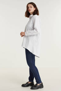 Witte dames No.1 by OX asymmetrische blouse van stretchkatoen met lange mouwen, klassieke kraag en knoopsluiting