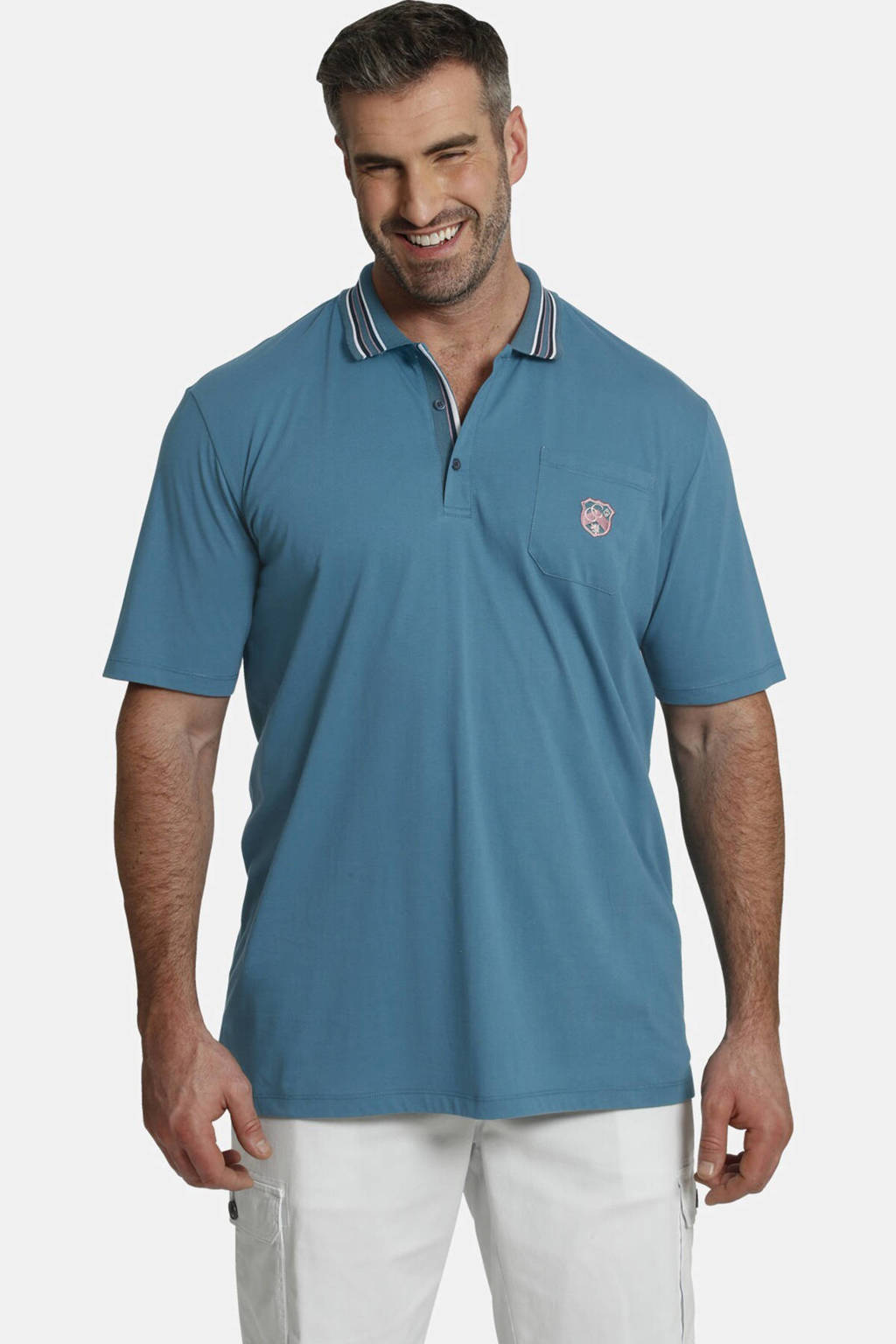 Charles Colby loose fit polo Earl Orin Plus Size met contrastbies blauw