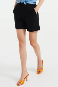 Zwarte dames WE Fashion wide leg sweatshort van katoen met regular waist en elastische tailleband