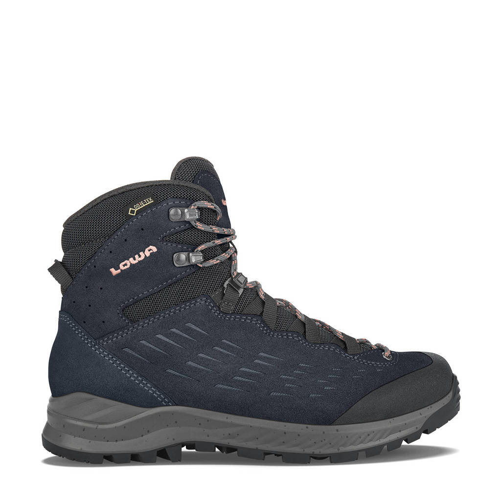 Donkerblauw en roze heren Lowa Explorer GTX wandelschoenen van suede met profielzool en bergsluiting