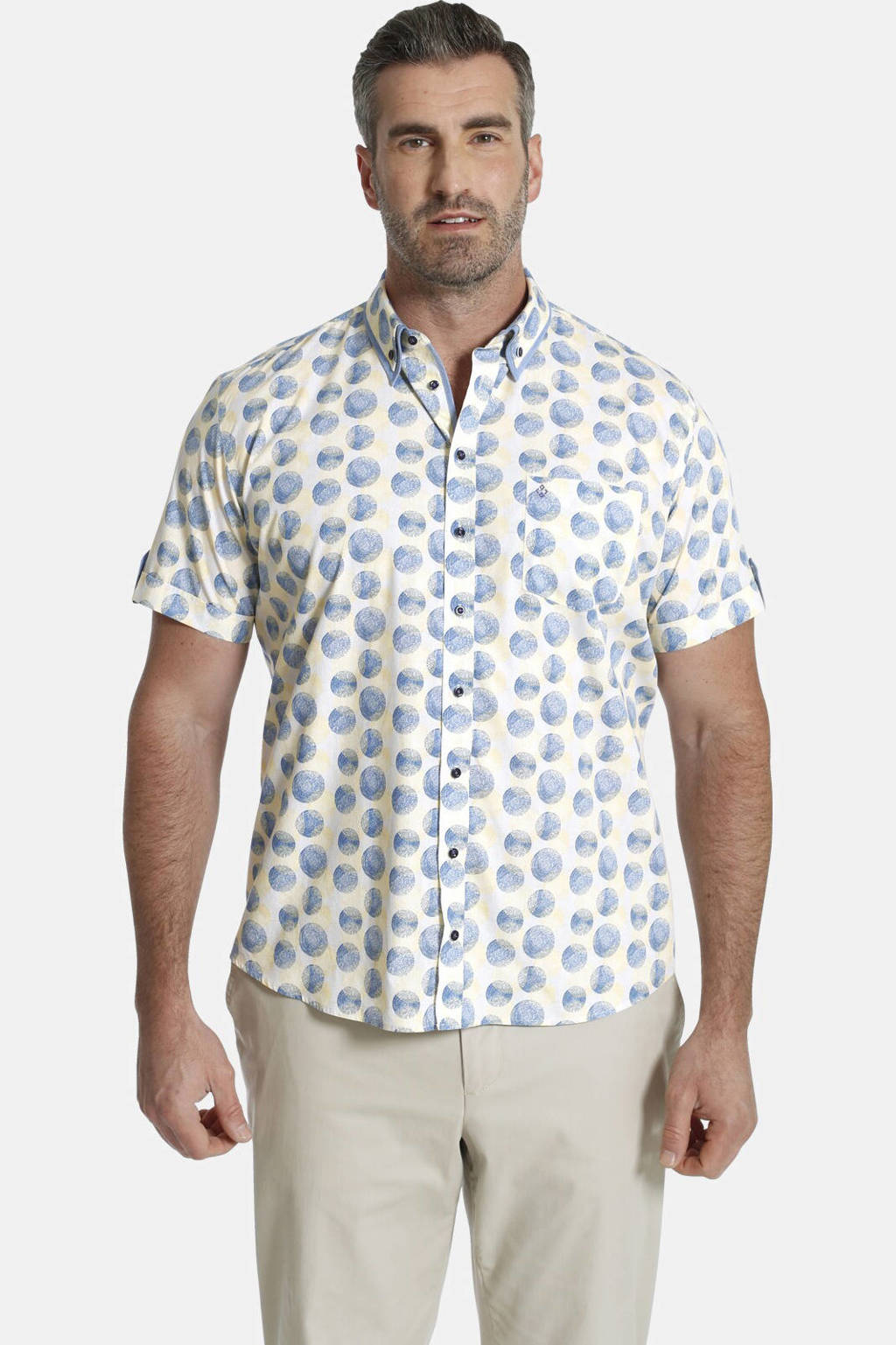 Charles Colby loose fit overhemd DUKE COMBALL Plus Size met all over print geel/blauw, Geel/blauw
