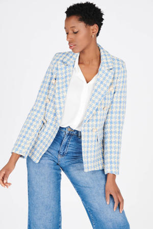 tweed blazer met pied-de-poule lichtblauw/beige