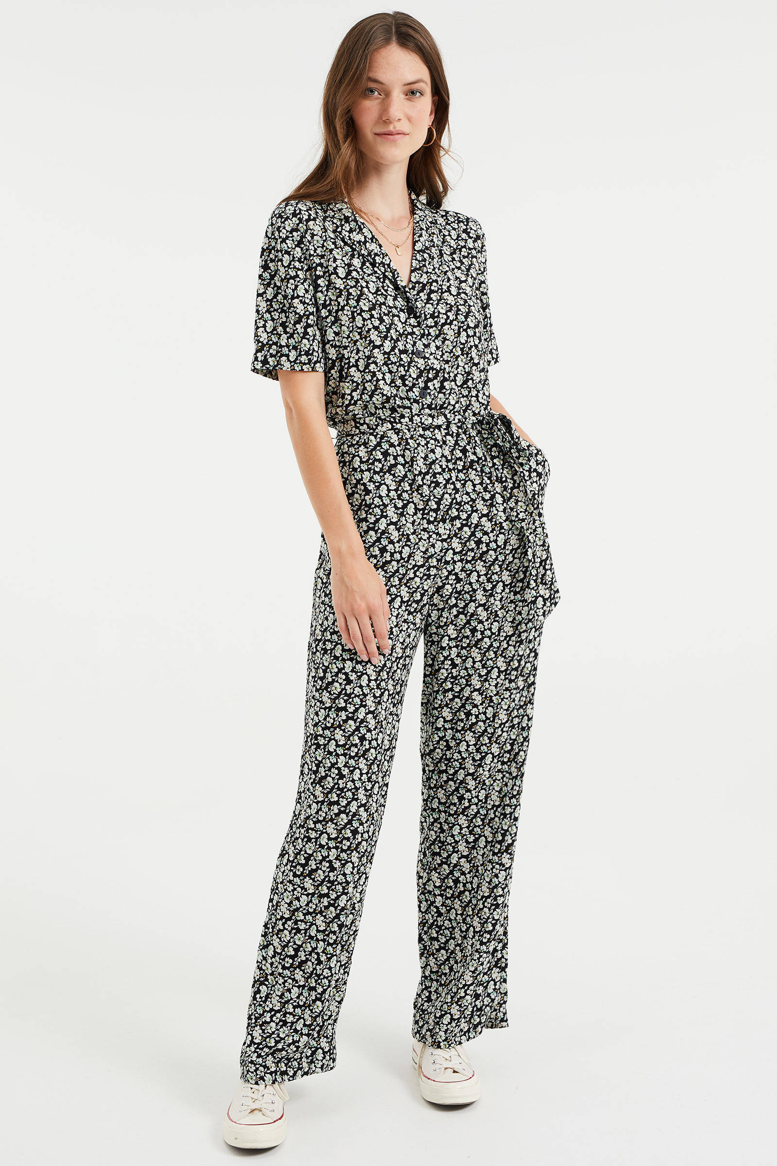 WE Fashion gebloemde jumpsuit zwart/groen/geel/donkerblauw/ecru wehkamp
