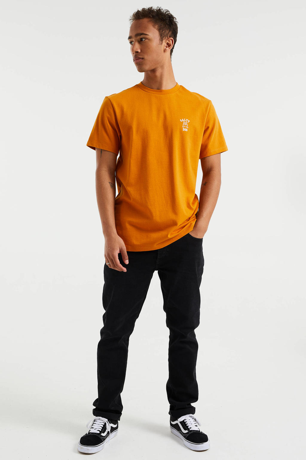 Gele heren WE Fashion Salty Dog slim fit T-shirt Inca Gold van katoen met printopdruk, korte mouwen en ronde hals