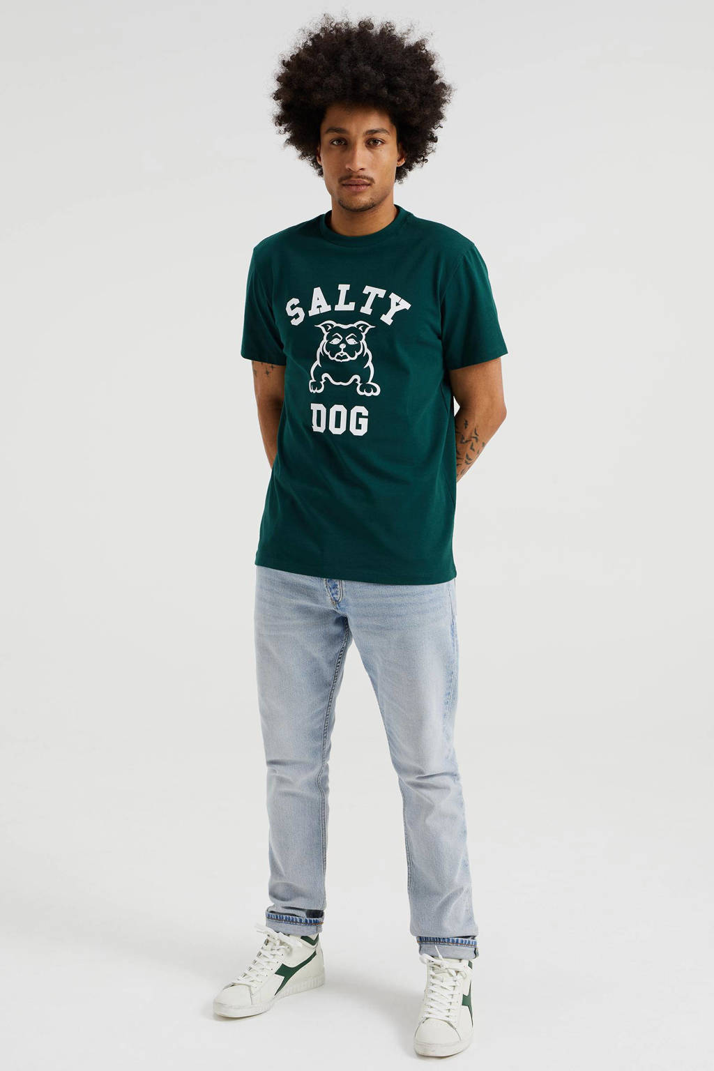 WE Fashion Salty Dog slim fit unisex T-shirt met printopdruk groen