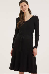 Zwarte dames C&A YESSICA PREMIUM gebreide A-lijn jurk van polyamide met lange mouwen, ronde hals en ceintuur