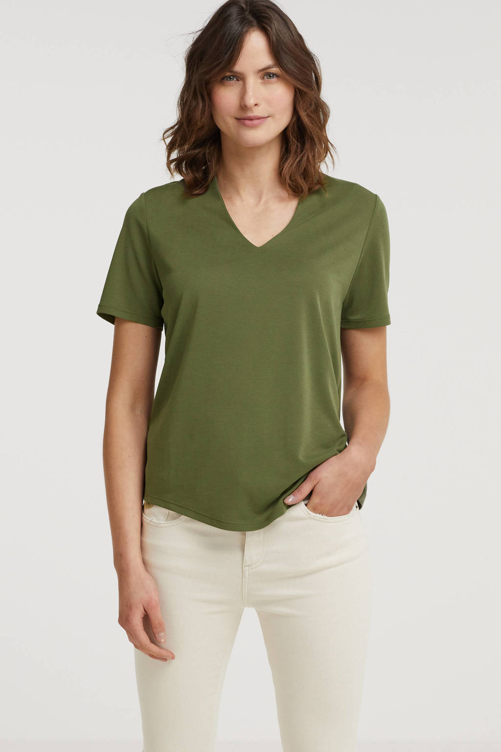 Groene dames FREEQUENT T-shirt van modal met korte mouwen en V-hals