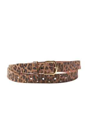leren riem met panterprint en studs bruin