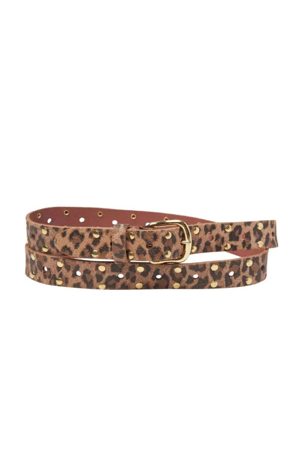 Pinned by K leren riem met panterprint en studs bruin