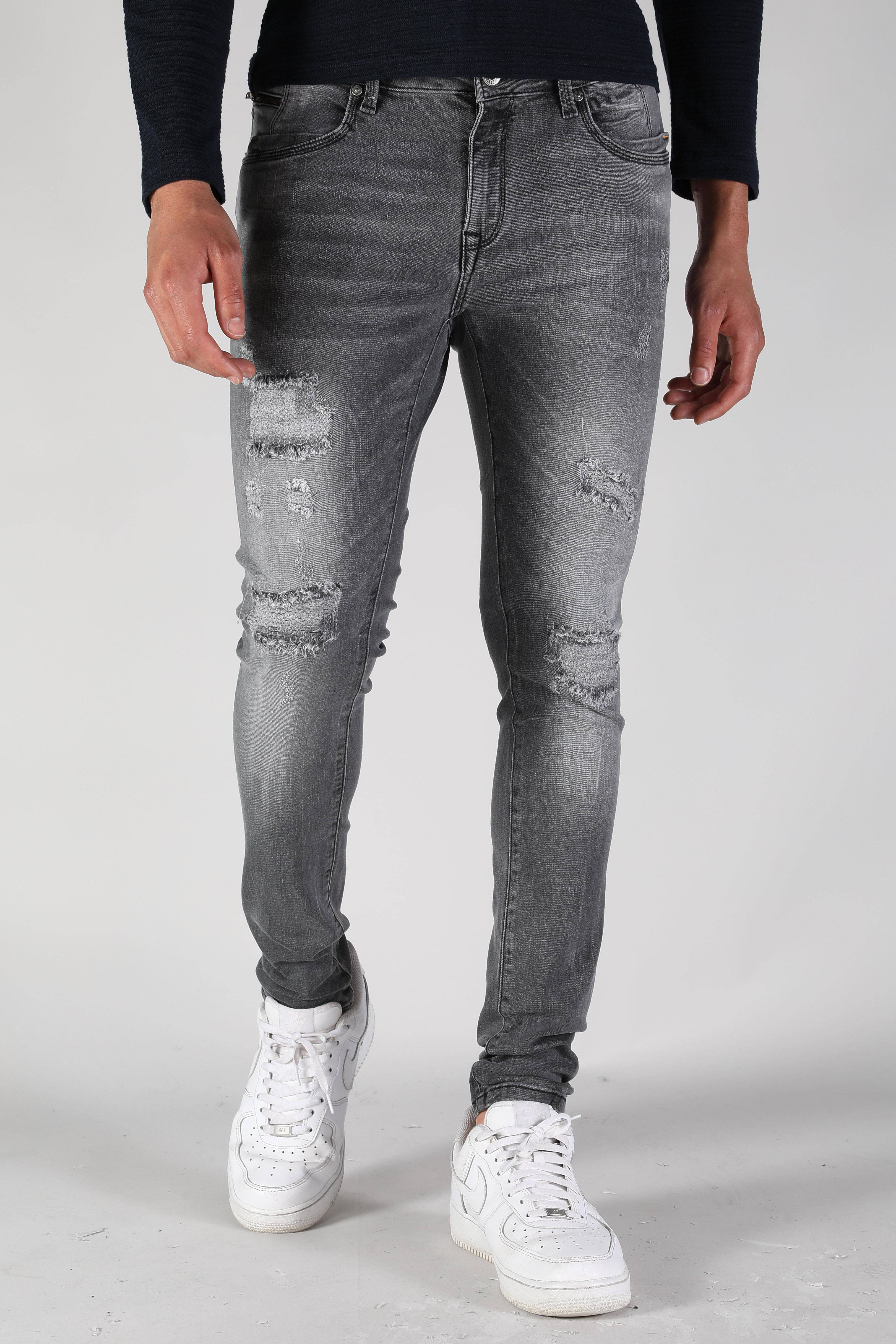 Grijze Ripped Slim Fit Heren Jeans - Black-Leo.nl
