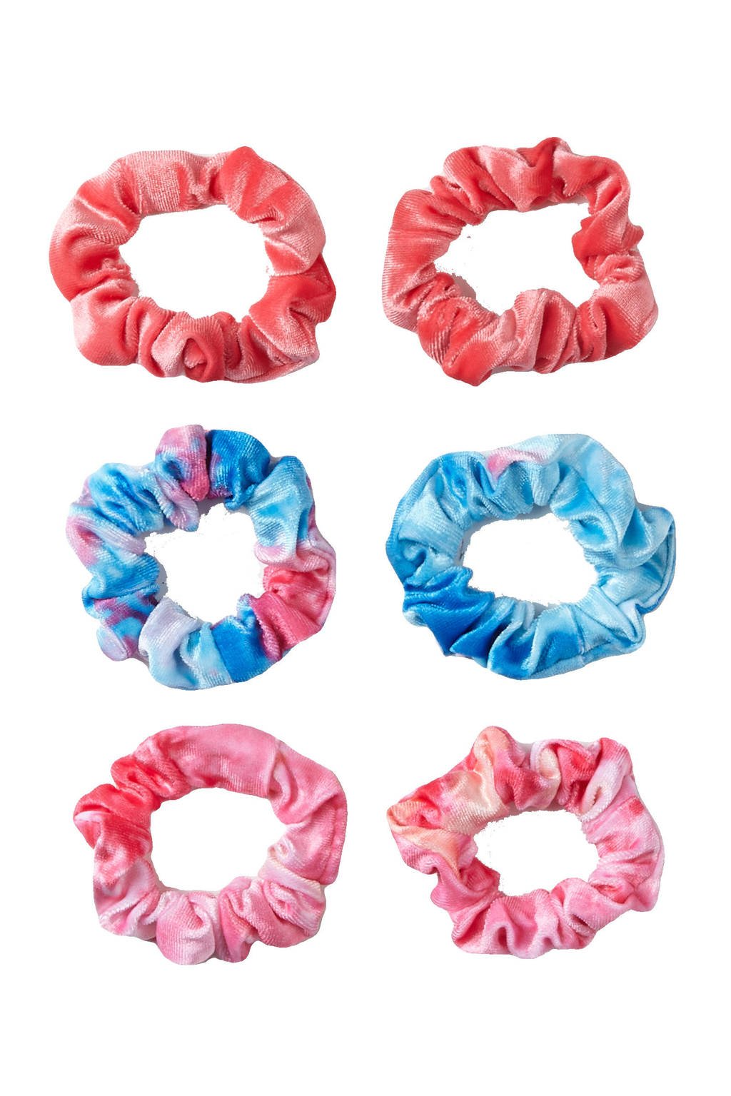 Sarlini velvet scrunchies - set van 6 roze/blauw, Roze/blauw