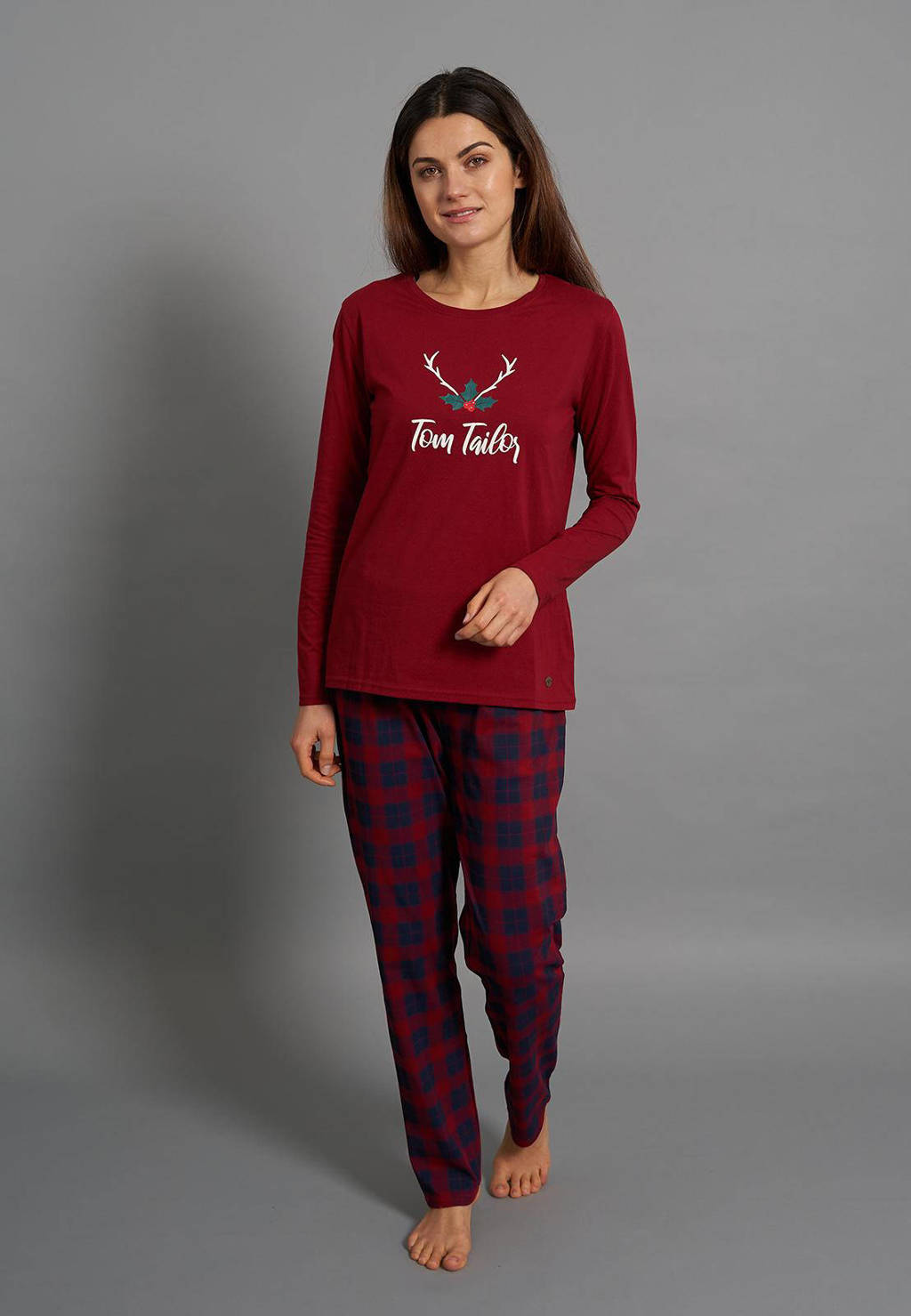 Tom Tailor pyjama met ruit en kerst print rood, Rood