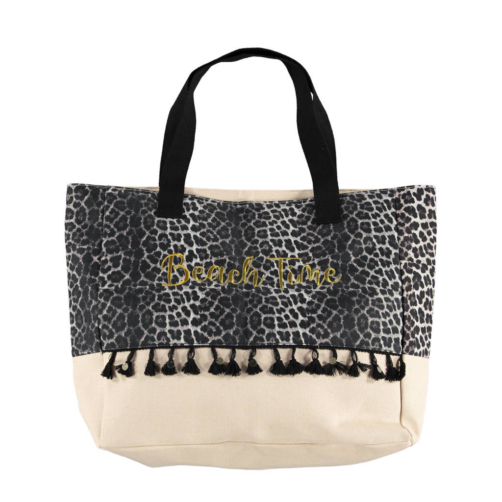 Sarlini strandtas met panterprint grijs/beige, Grijs/beige