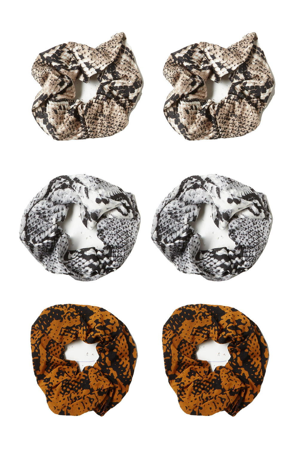 Sarlini scrunchies met slangenprint - set van 6 beige/brique/grijs