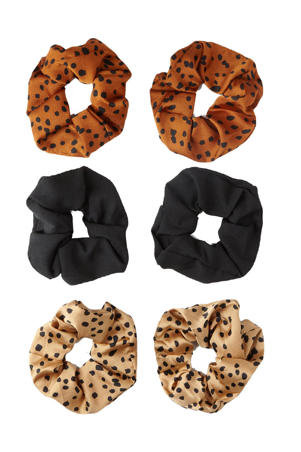 Sarlini scrunchies met stippen - set van 6 brique/zwart/lichtroze, Brique/zwart/lichtroze