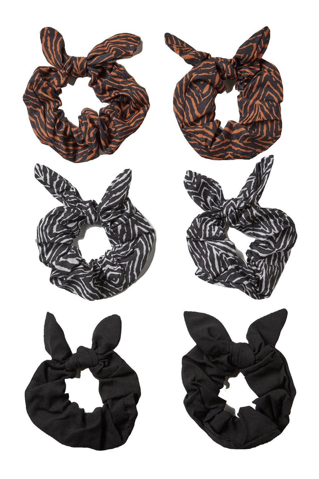 Sarlini scrunchies met dierenprint - set van 6 zwart/grijs, Zwart/grijs
