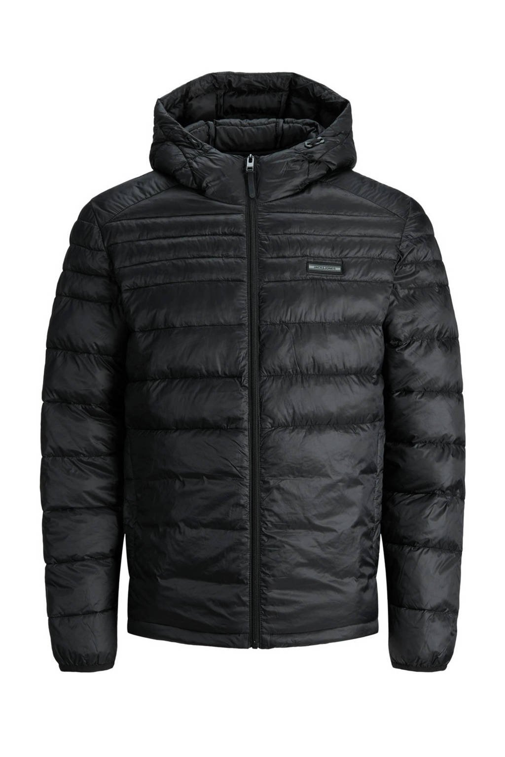 Zwarte jongens JACK & JONES JUNIOR gewatteerde tussenjas van polyamide met lange mouwen, capuchon en ritssluiting
