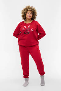 Rood, wit en zwarte dames Zizzi kerstsweater en pailletten van polyester met printopdruk, lange mouwen en ronde hals