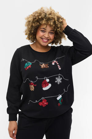  kerstsweater MCHRISTMAS met printopdruk en pailletten zwart/rood/wit