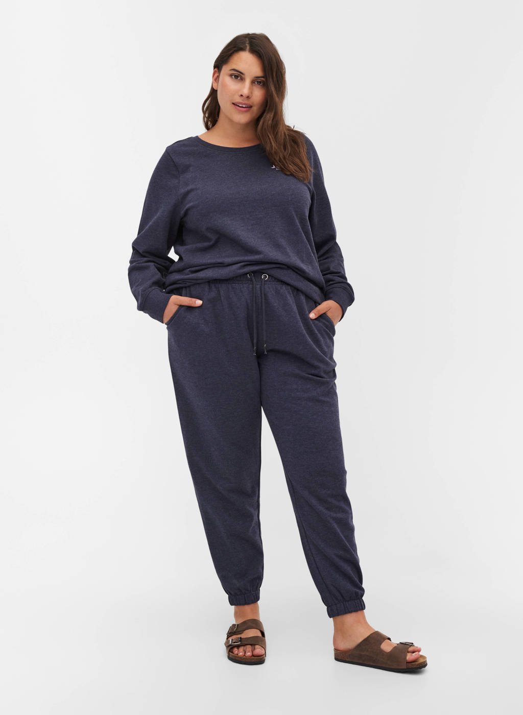 Donkerblauwe dames Zizzi gemêleerde slim fit sweatpants van katoen met regular waist en elastische tailleband met koord