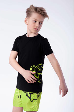 unisex T-shirt Side met printopdruk zwart/neon geel