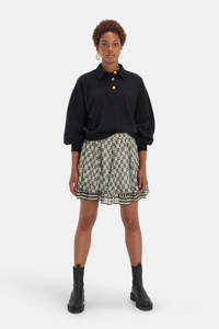 Zwarte dames Shoeby Eksept sweater Maya Polo van katoen met lange mouwen, schipperskraag, knoopsluiting en ballonmouwen